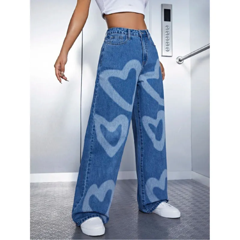 Fashionkova senior jeans Spring and Summer New Printed Fashionable High Waist Korean Style Straight Casual Loose Wide Leg Denim Trousers for Women