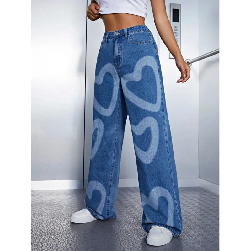 Fashionkova senior jeans Spring and Summer New Printed Fashionable High Waist Korean Style Straight Casual Loose Wide Leg Denim Trousers for Women