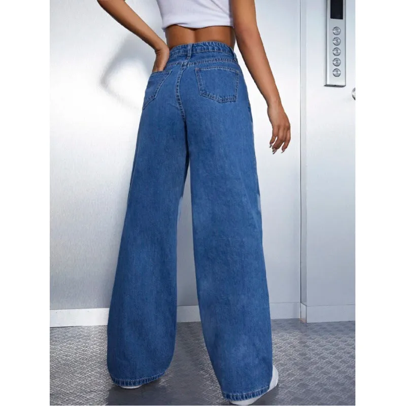 Fashionkova senior jeans Spring and Summer New Printed Fashionable High Waist Korean Style Straight Casual Loose Wide Leg Denim Trousers for Women