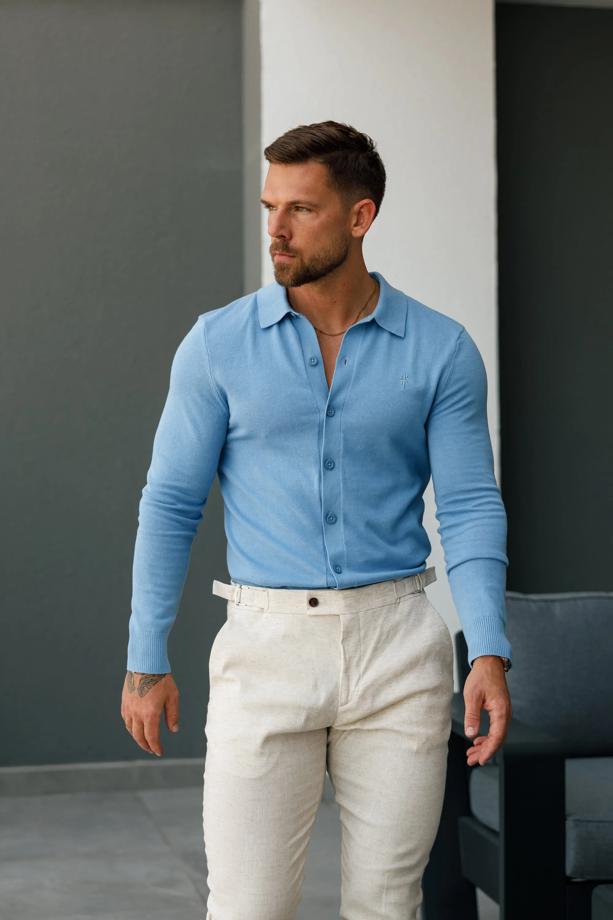 Father Sons Classic Plain Light Blue Knitted Button Through Polo Long Sleeve - FSN169