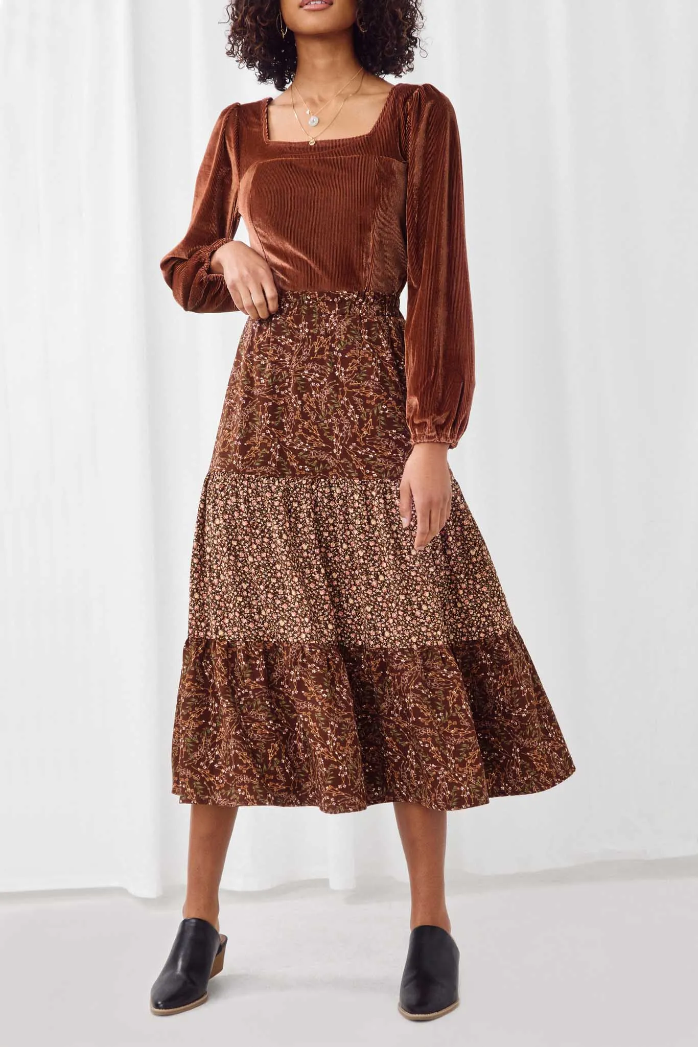 Floral Block Elastic Waist Midi Skirt