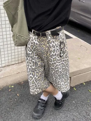 Girlary Leopard Print Short Jeans Women Y2k Vintage High Waist Harajuku Streetwear Jorts Casual Wide Leg Baggy Denim Shorts Summer