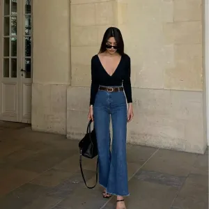 Girlary-shop date night outfit French Fashion High Waist Stretch Navy Style Micro Flared Jeans Women's Fashionable New Wide Leg Pants Trousers