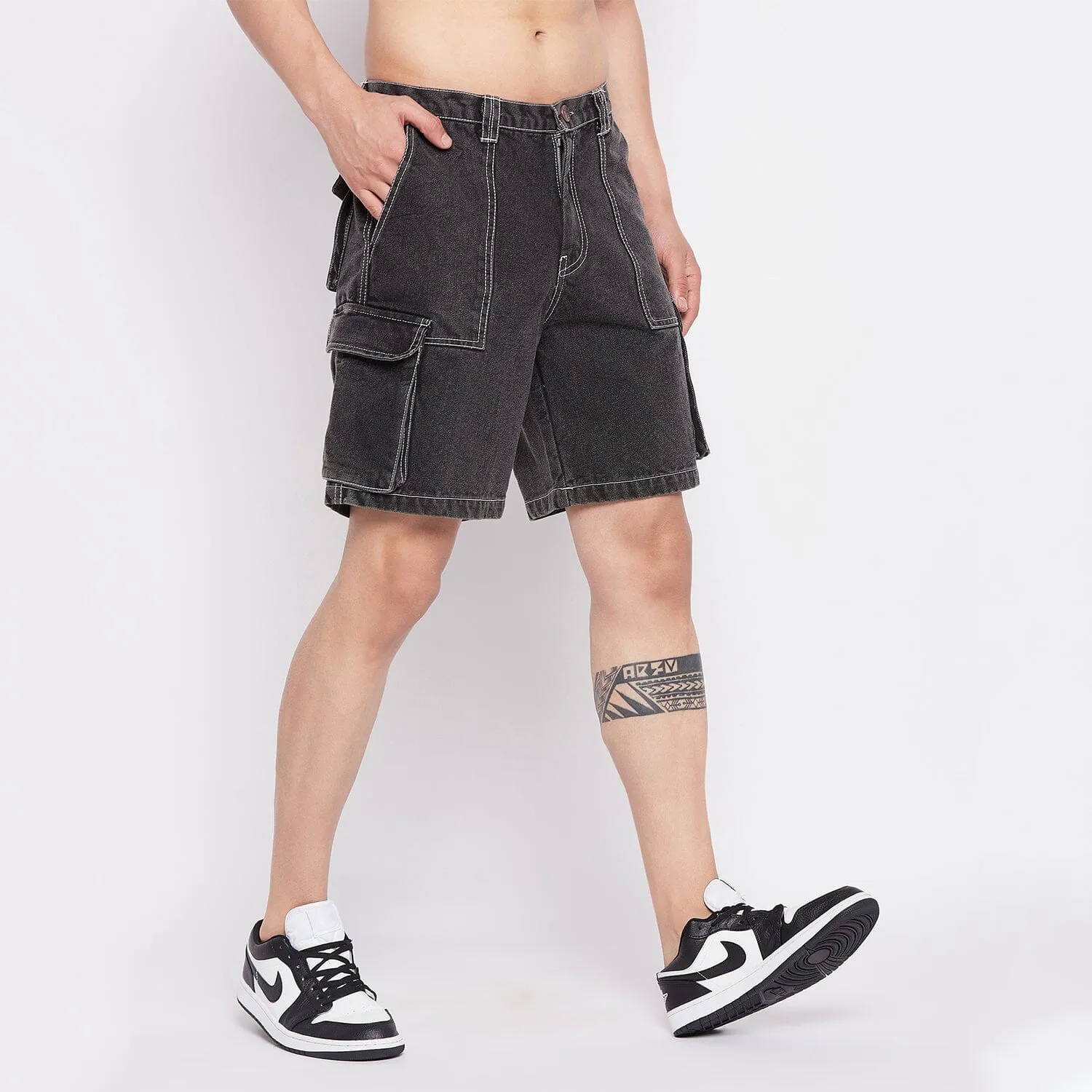 Grey Washed Carpenter Cargo Denim Shorts