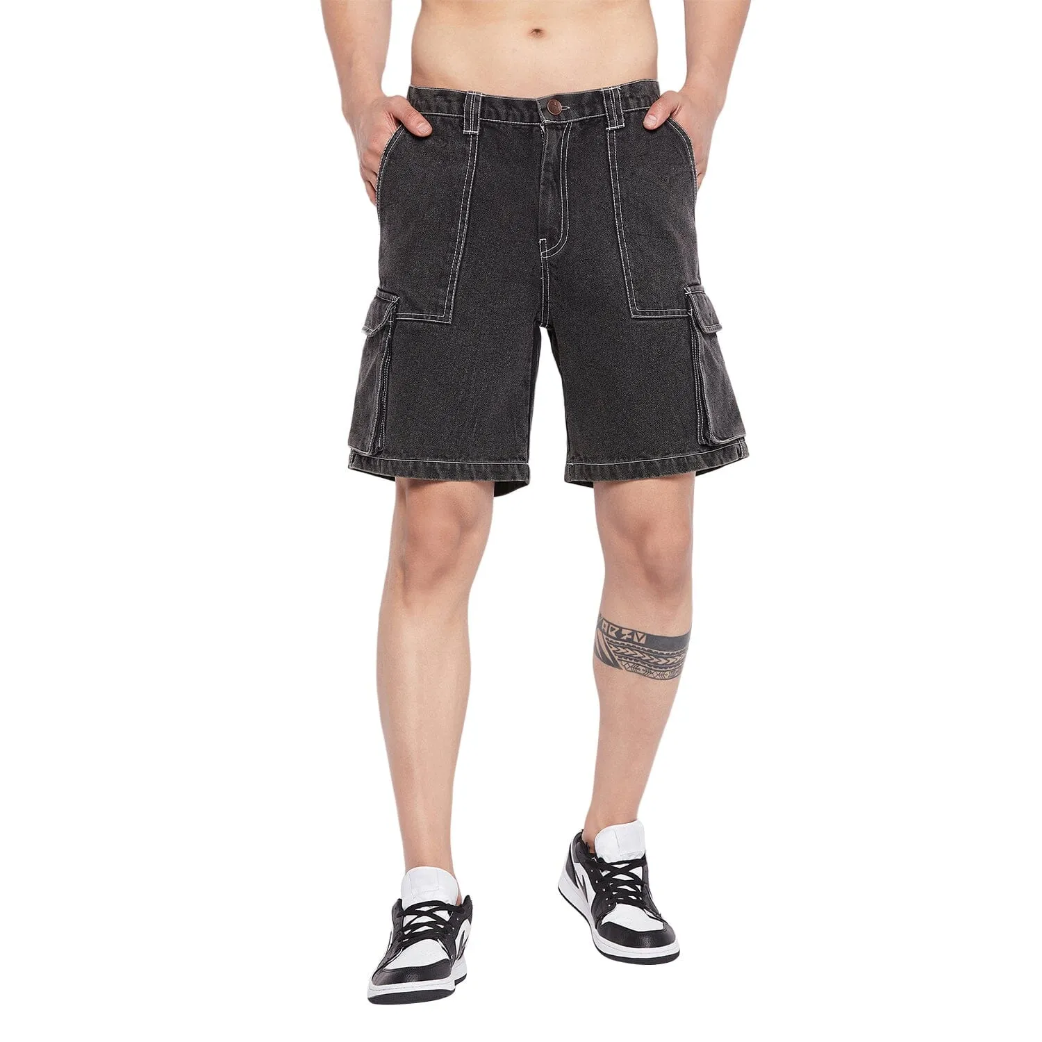 Grey Washed Carpenter Cargo Denim Shorts