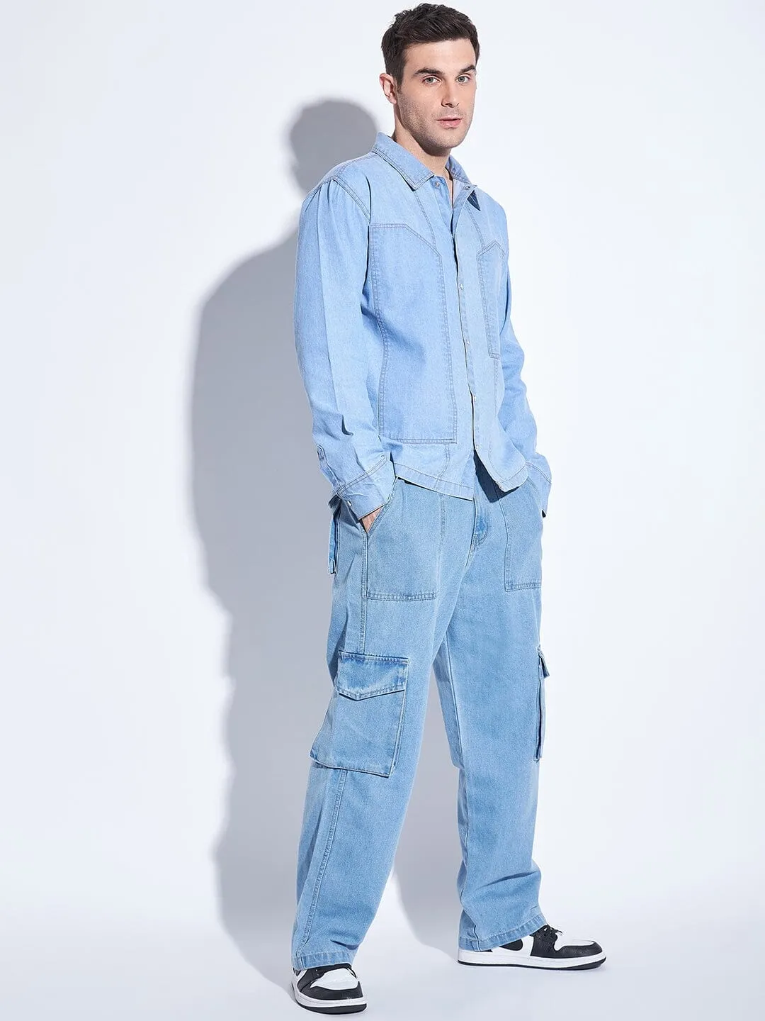 Ice Washed Denim Carpenter Shirt and Jeans Combo Clothing Set