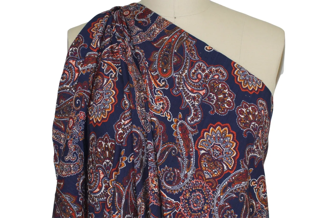 Italian Paisley Rayon Challis - Autumn Tones on Navy