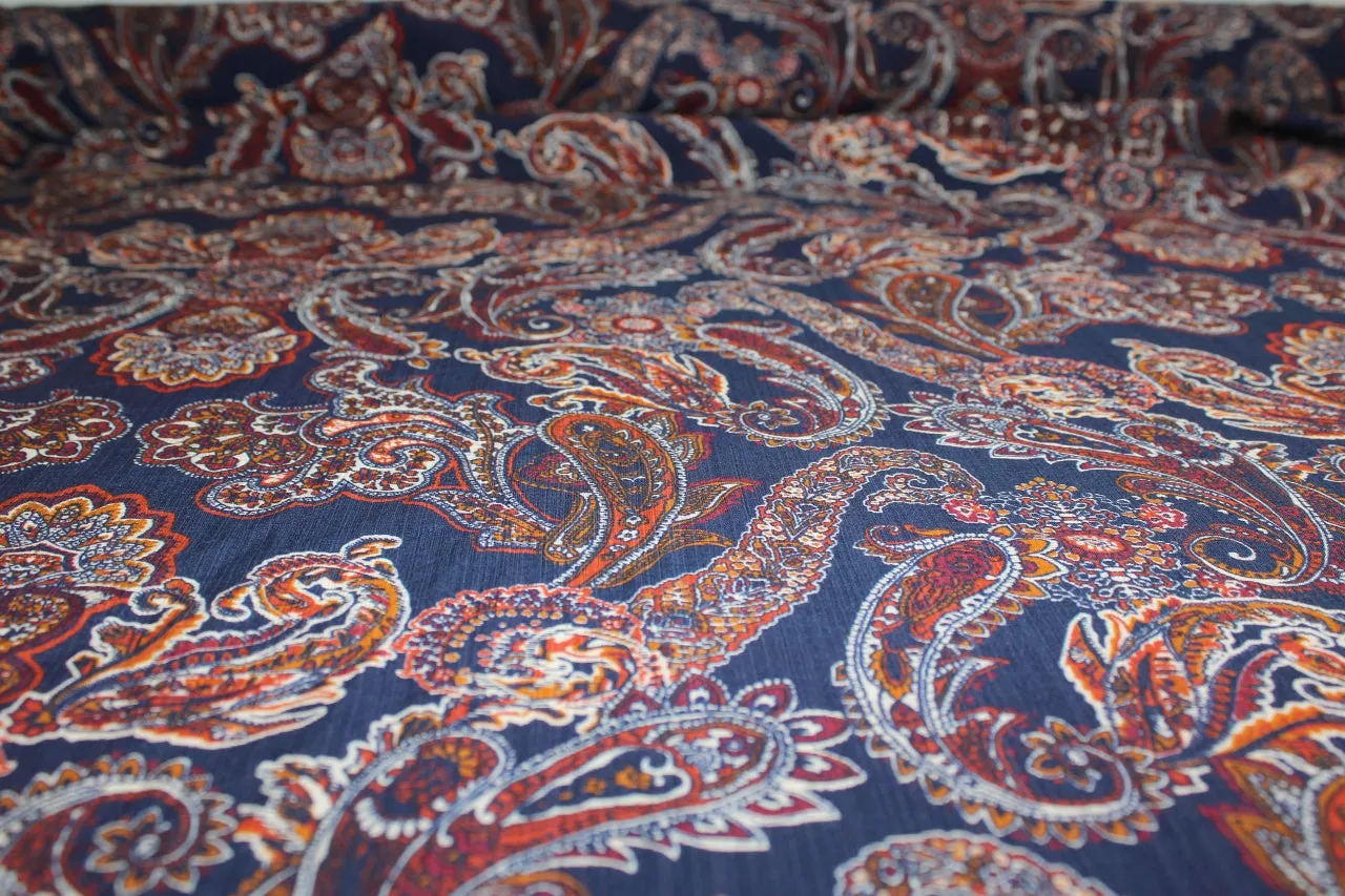 Italian Paisley Rayon Challis - Autumn Tones on Navy