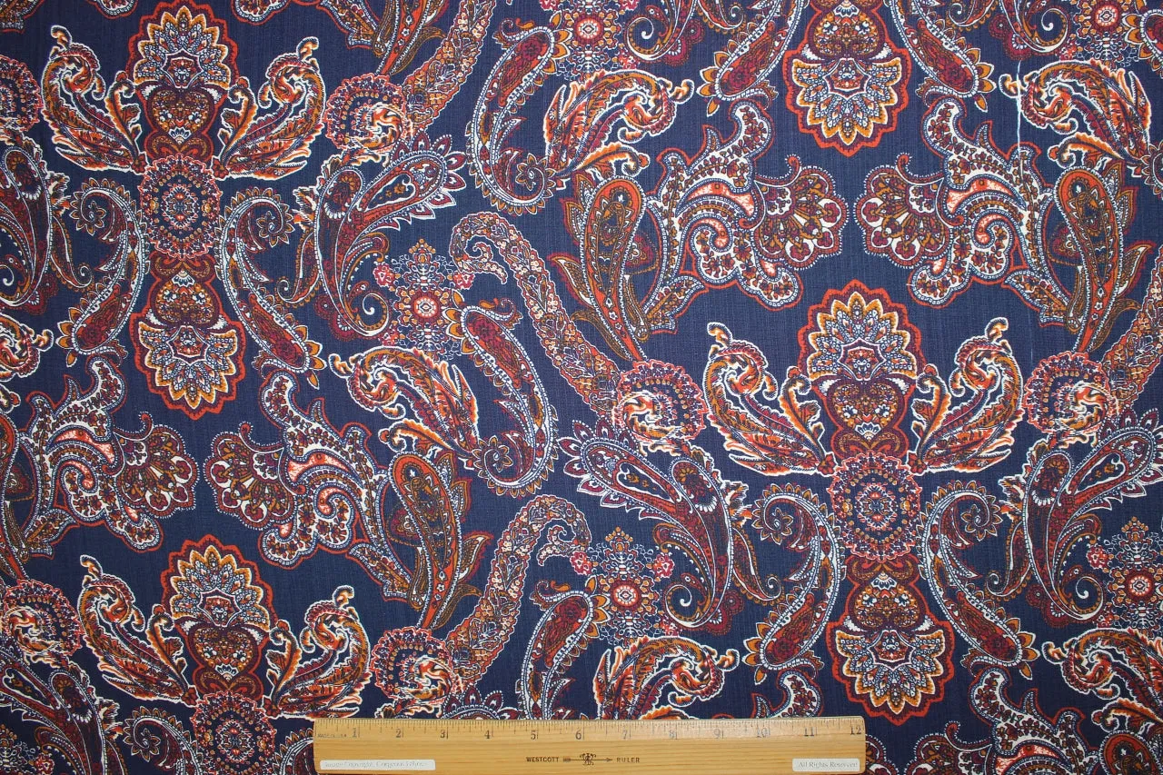 Italian Paisley Rayon Challis - Autumn Tones on Navy