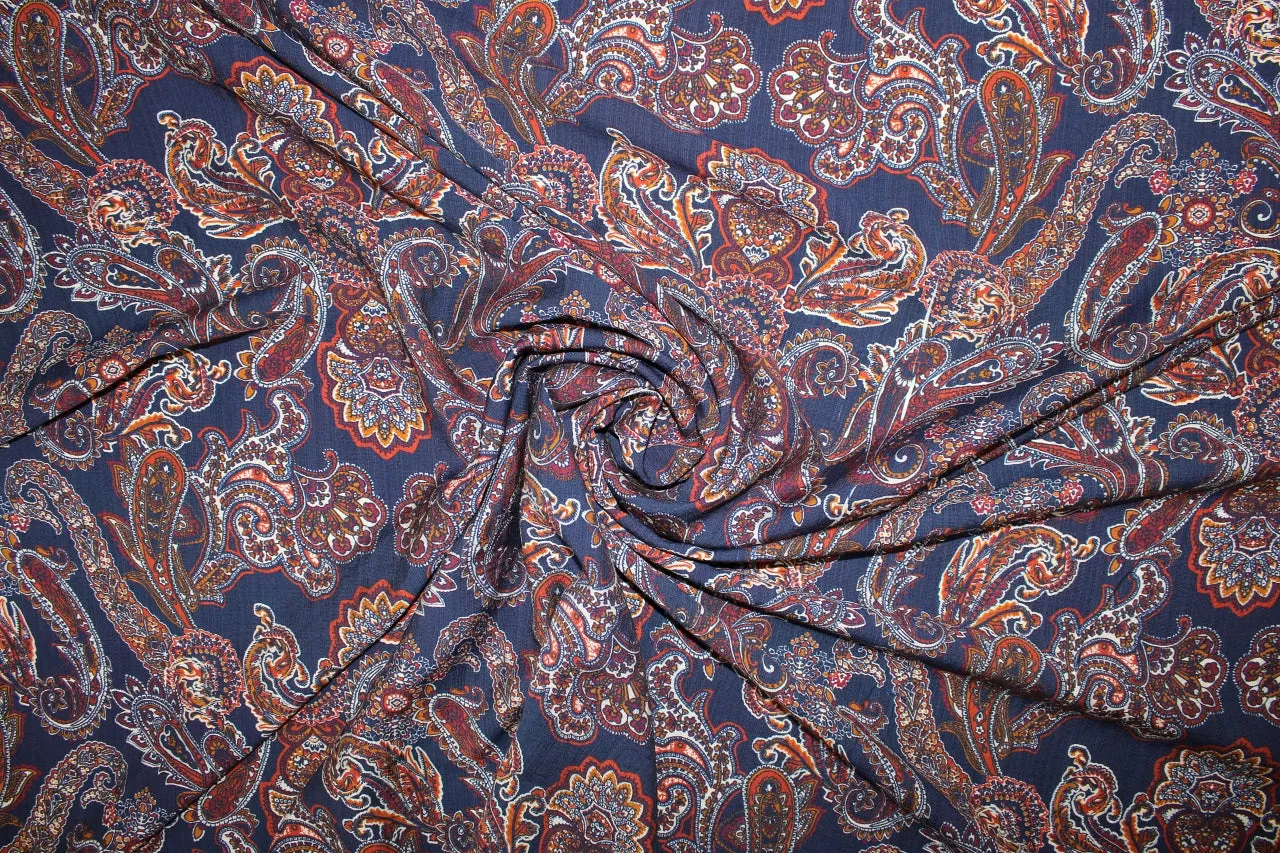 Italian Paisley Rayon Challis - Autumn Tones on Navy