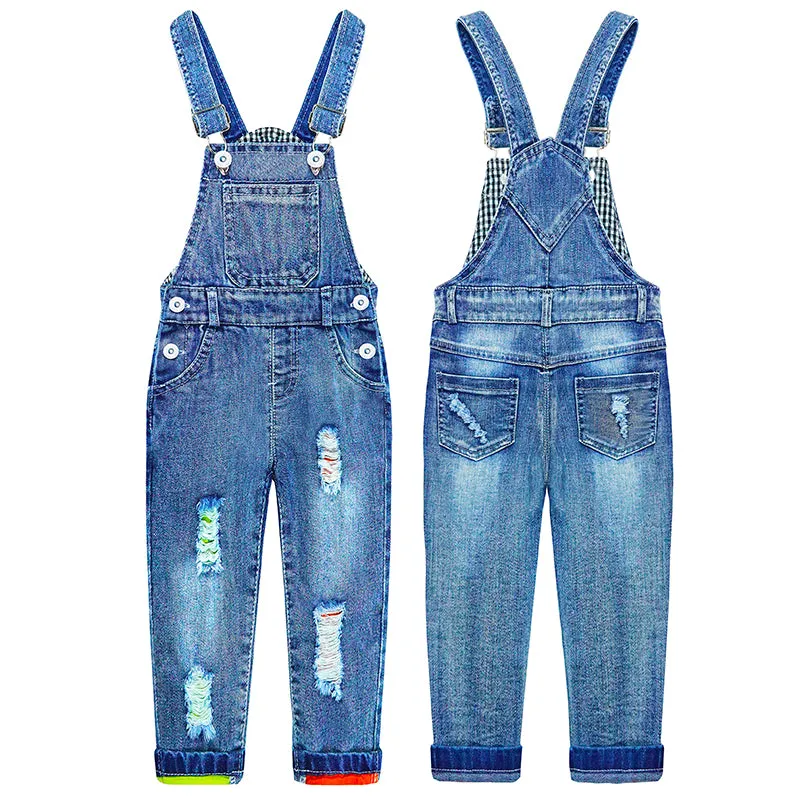 Kids Denim Overalls Colored Ripped Rompers