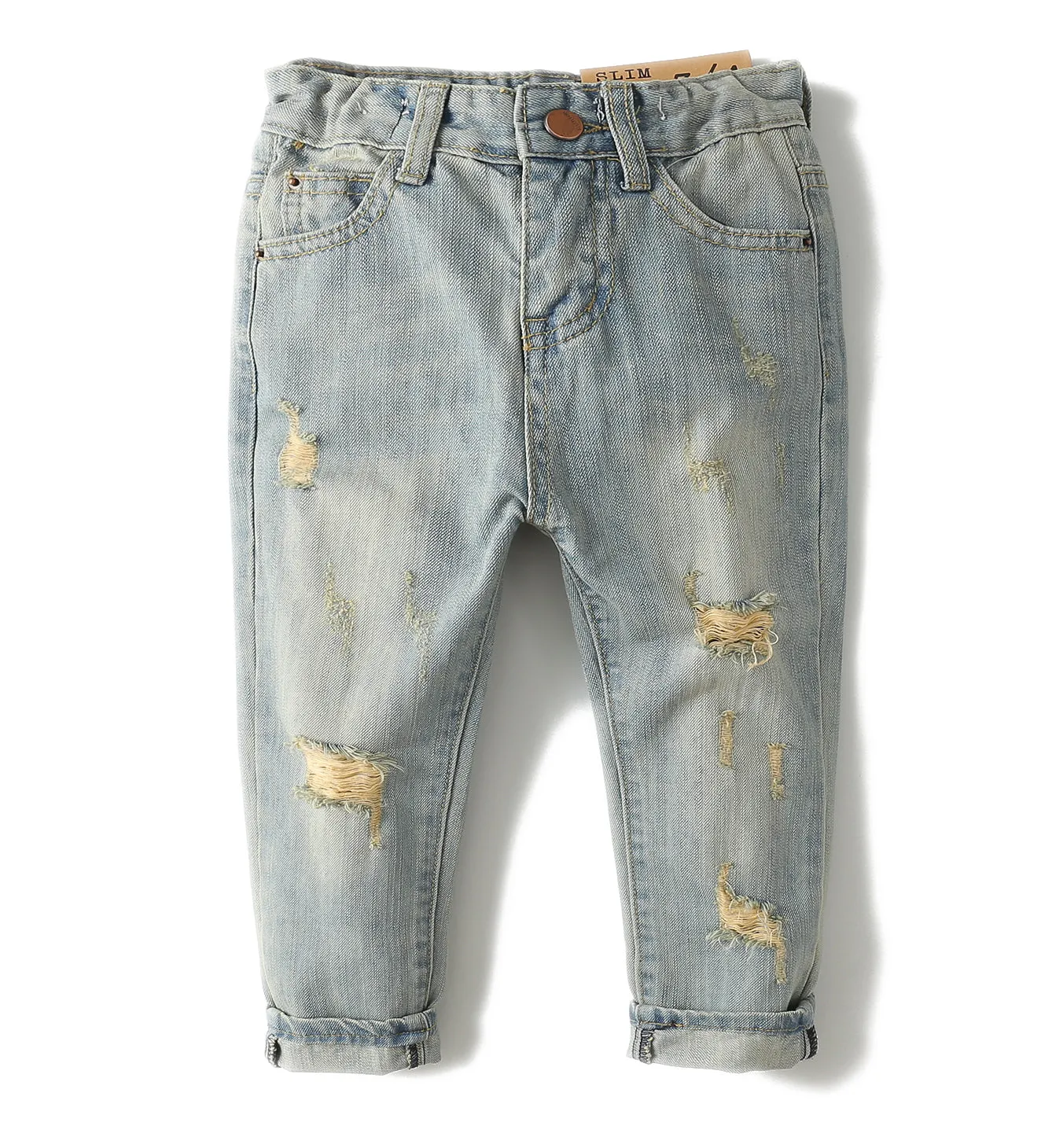 Kids Jeans Elastic Band Inside Ripped Denim Pants