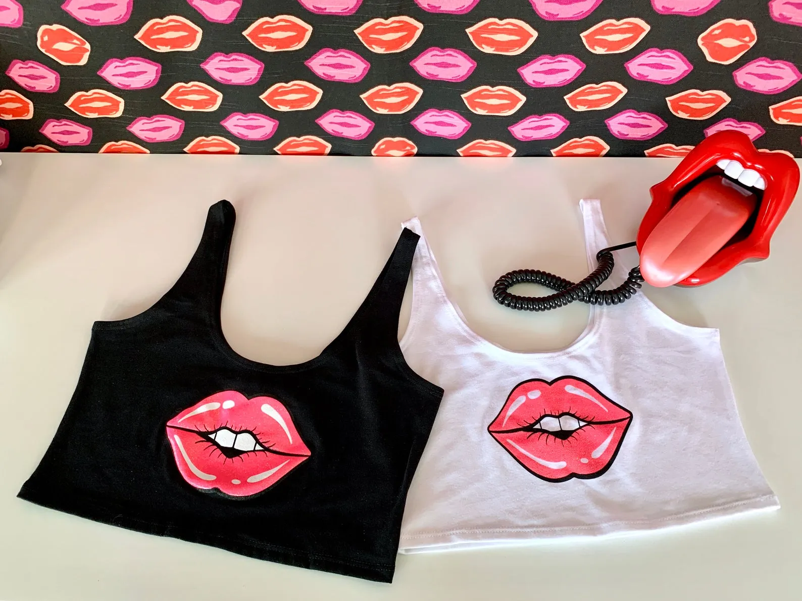 Lips Crop Tank in Black with Neon Pink Lips