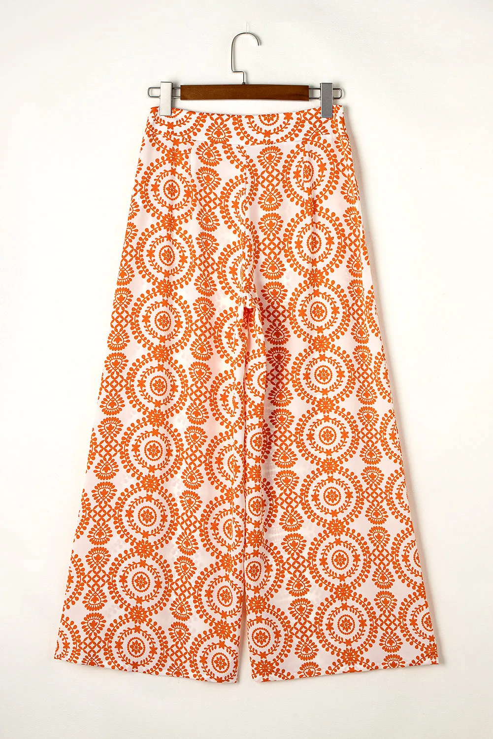 Orange Boho Retro Flower Print Wide Leg Pants