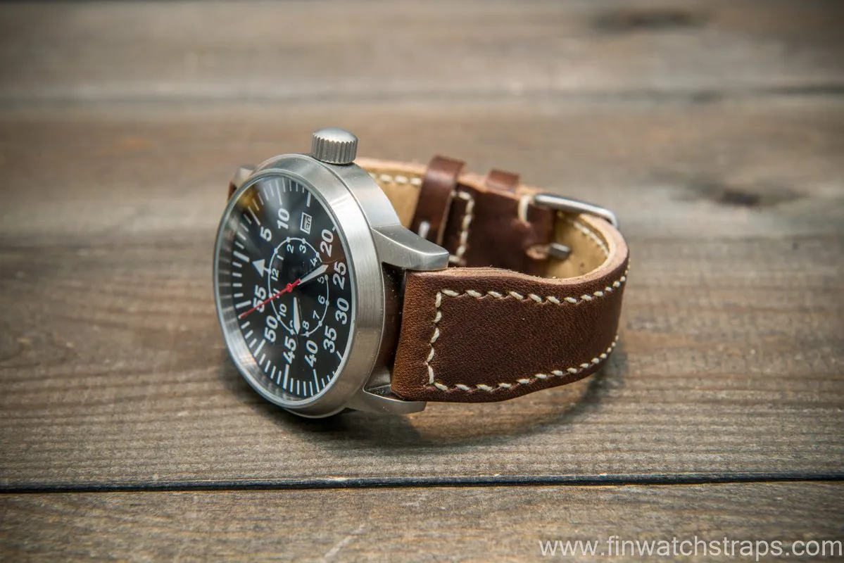 Pilot Leather Watch Strap, Aviator model, Military style stitched tapered model