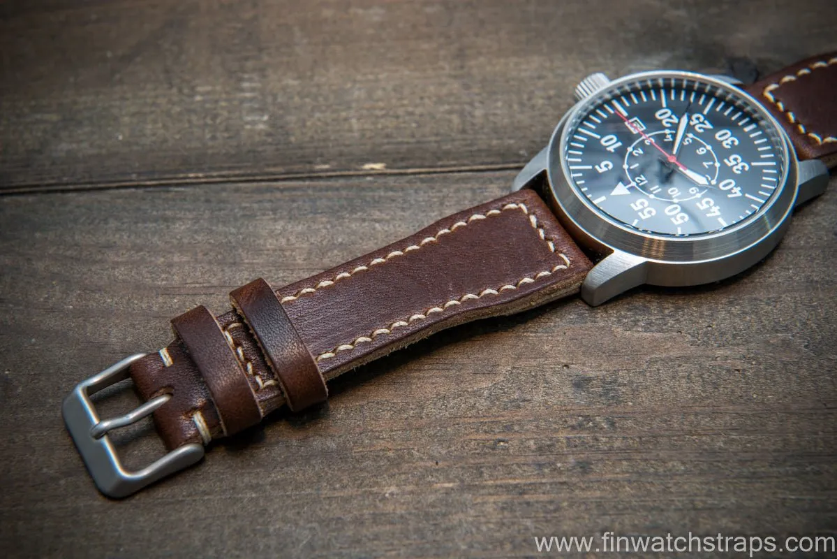 Pilot Leather Watch Strap, Aviator model, Military style stitched tapered model