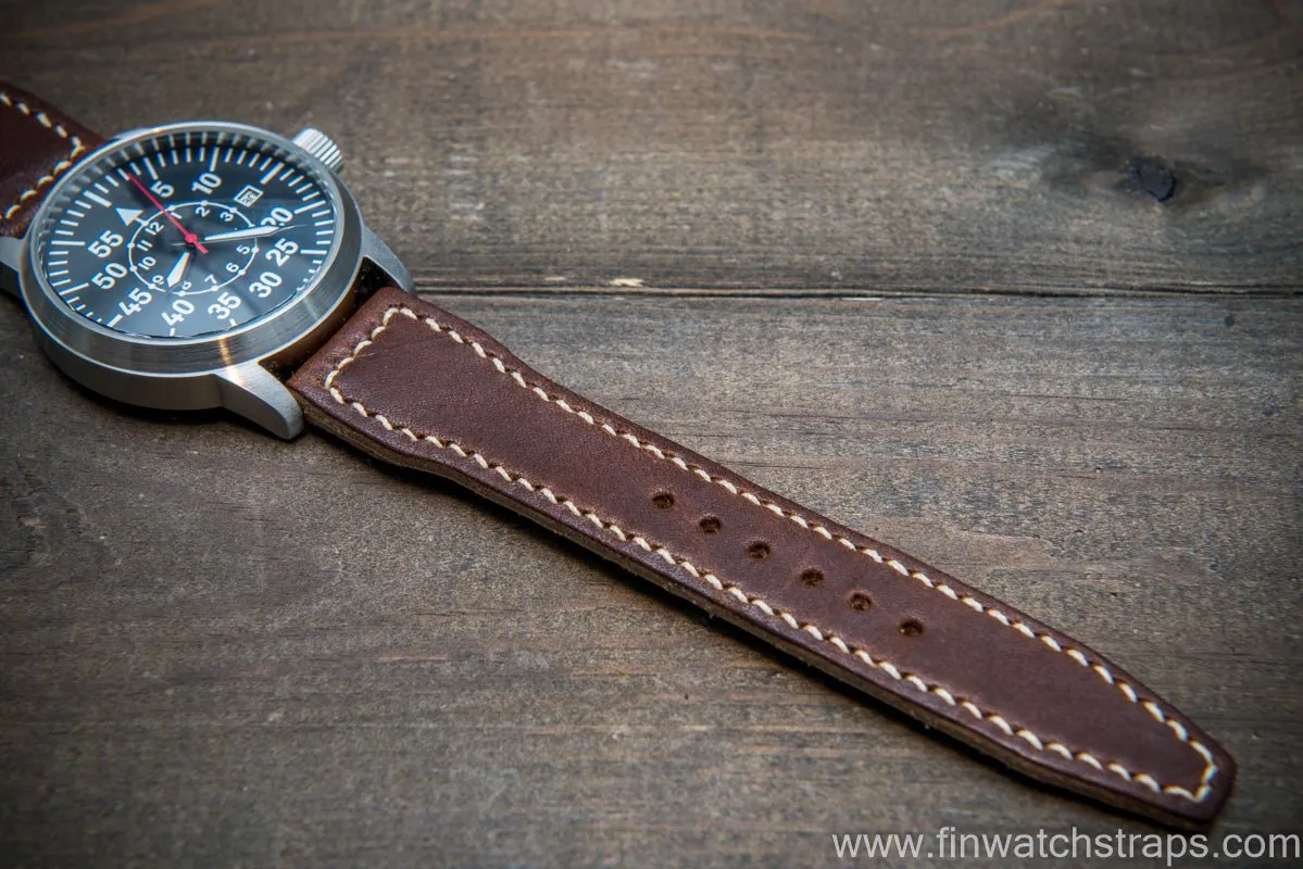 Pilot Leather Watch Strap, Aviator model, Military style stitched tapered model