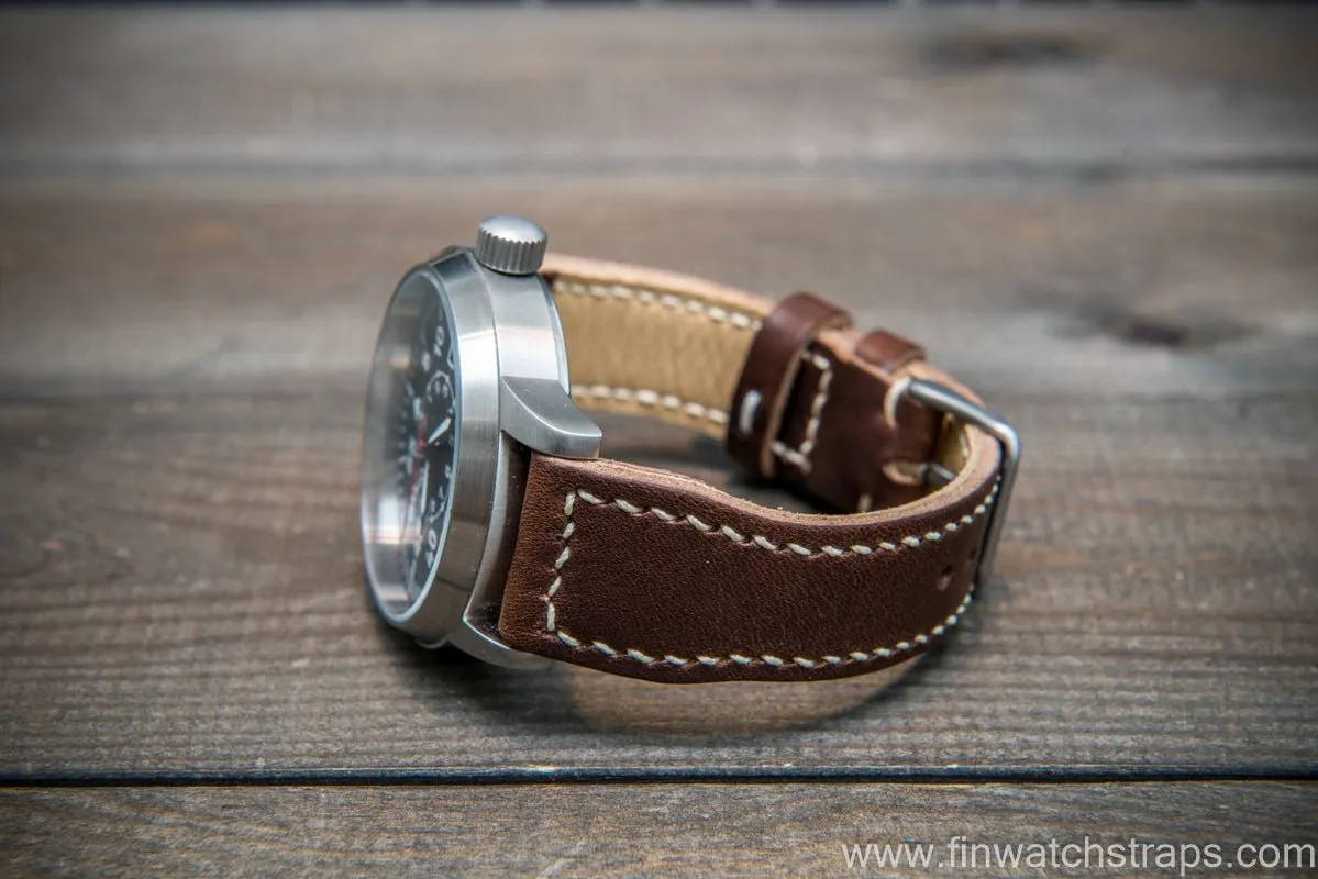 Pilot Leather Watch Strap, Aviator model, Military style stitched tapered model