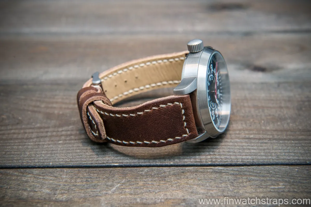 Pilot Leather Watch Strap, Aviator model, Military style stitched tapered model