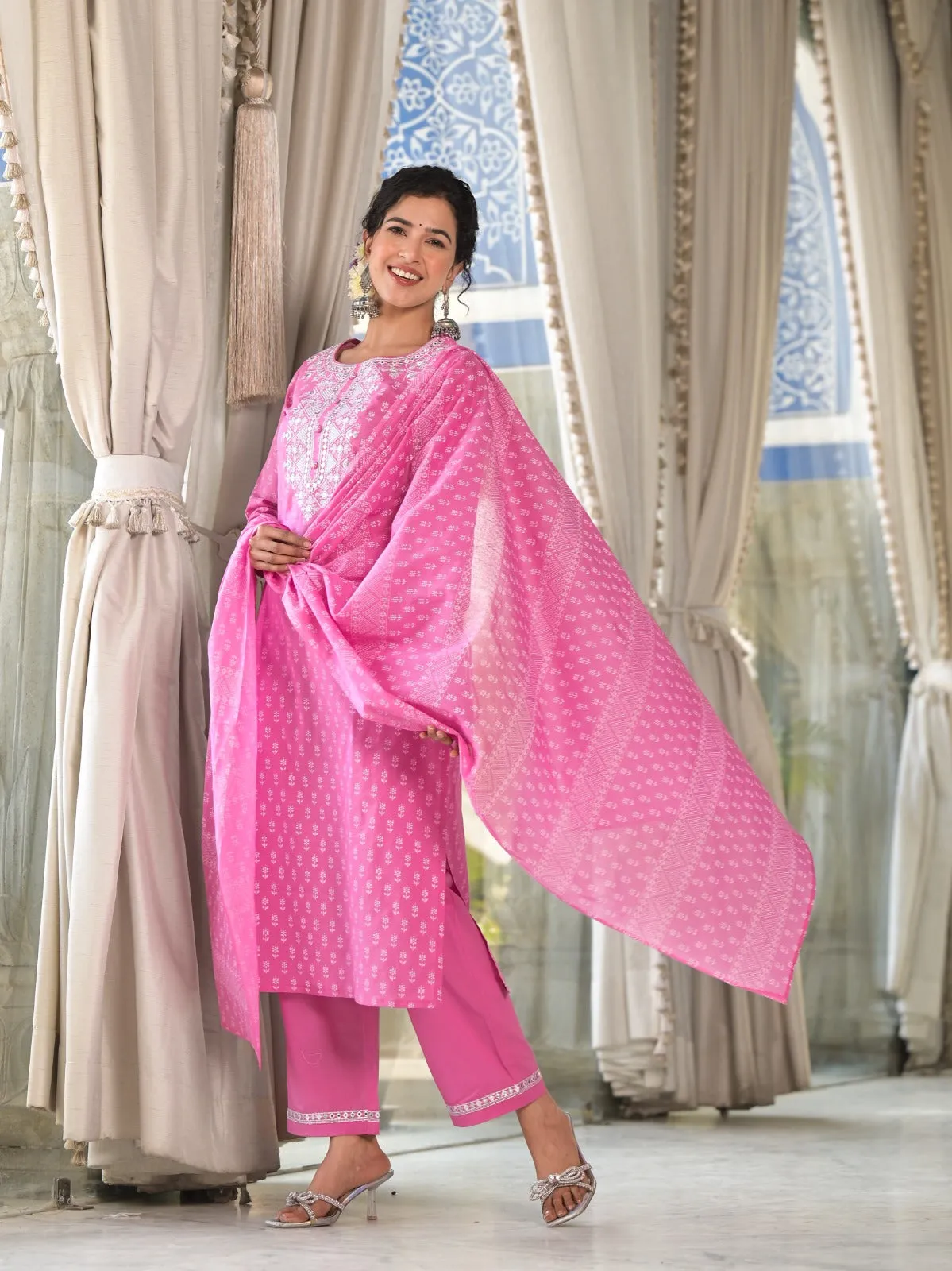 Radhya Pink Cotton Suit Set