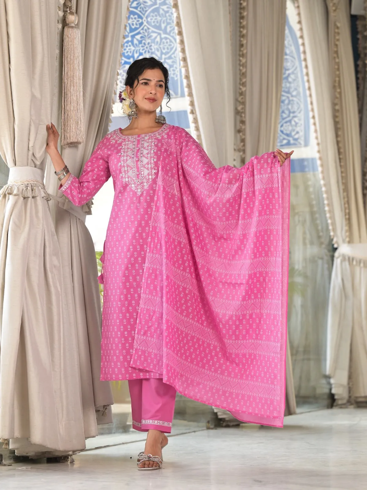 Radhya Pink Cotton Suit Set