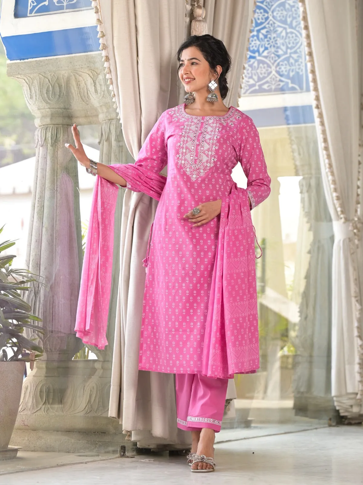 Radhya Pink Cotton Suit Set