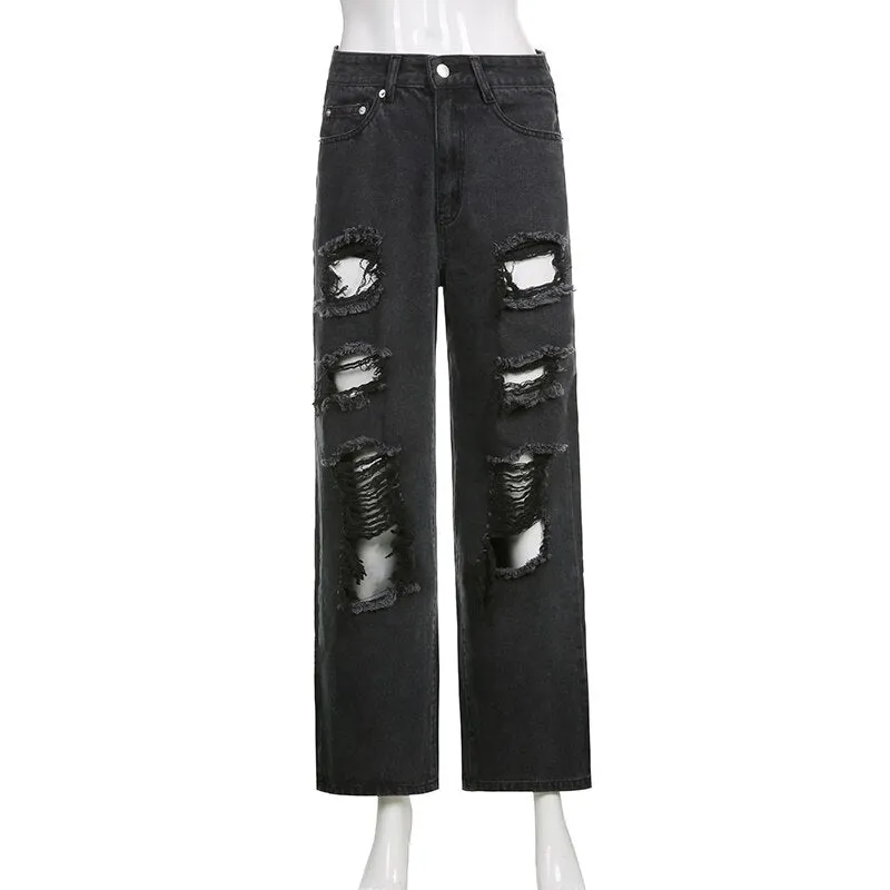 'Ruins' Washed Black/Grey Ripped Baggy Denim Pants