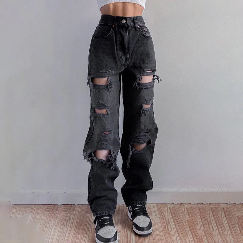 'Ruins' Washed Black/Grey Ripped Baggy Denim Pants