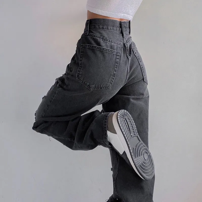 'Ruins' Washed Black/Grey Ripped Baggy Denim Pants