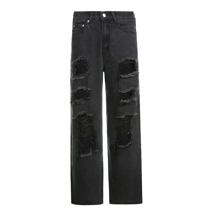 'Ruins' Washed Black/Grey Ripped Baggy Denim Pants