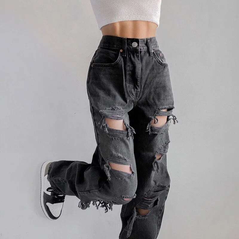 'Ruins' Washed Black/Grey Ripped Baggy Denim Pants