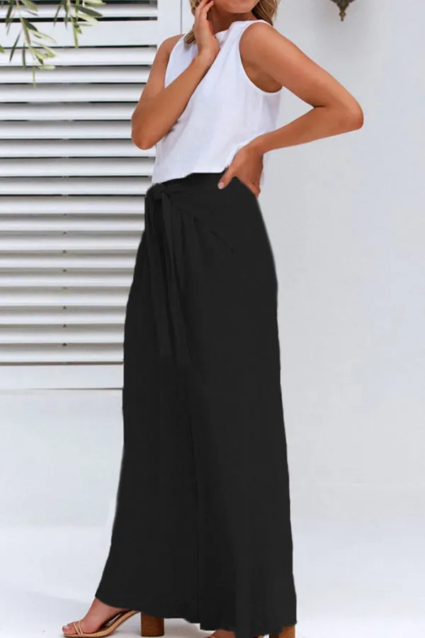 Spring and summer cotton and linen design sense strap loose wide-leg casual trousers