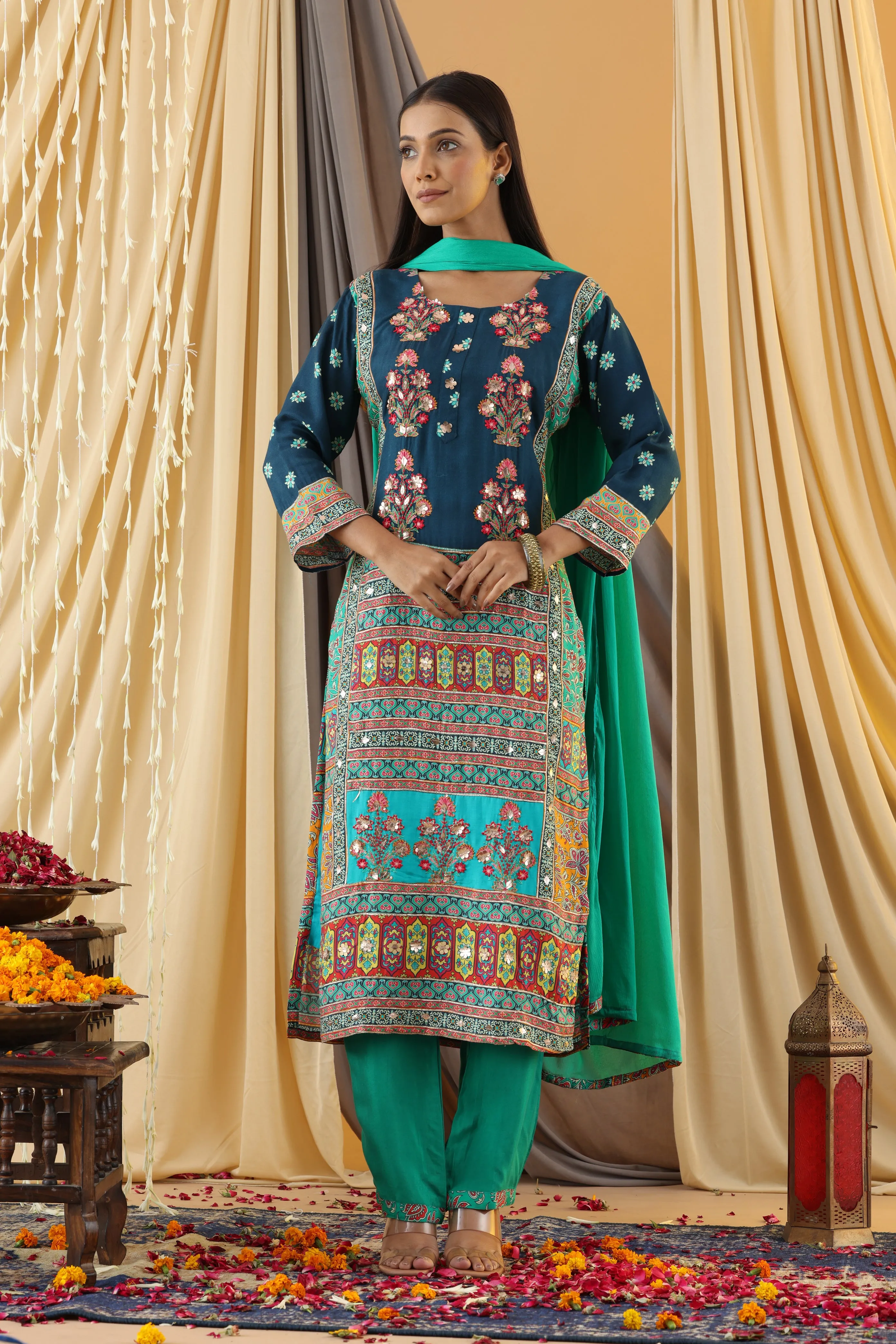 WAHIBA KARACHI Indigo FULL WORK SUIT SET