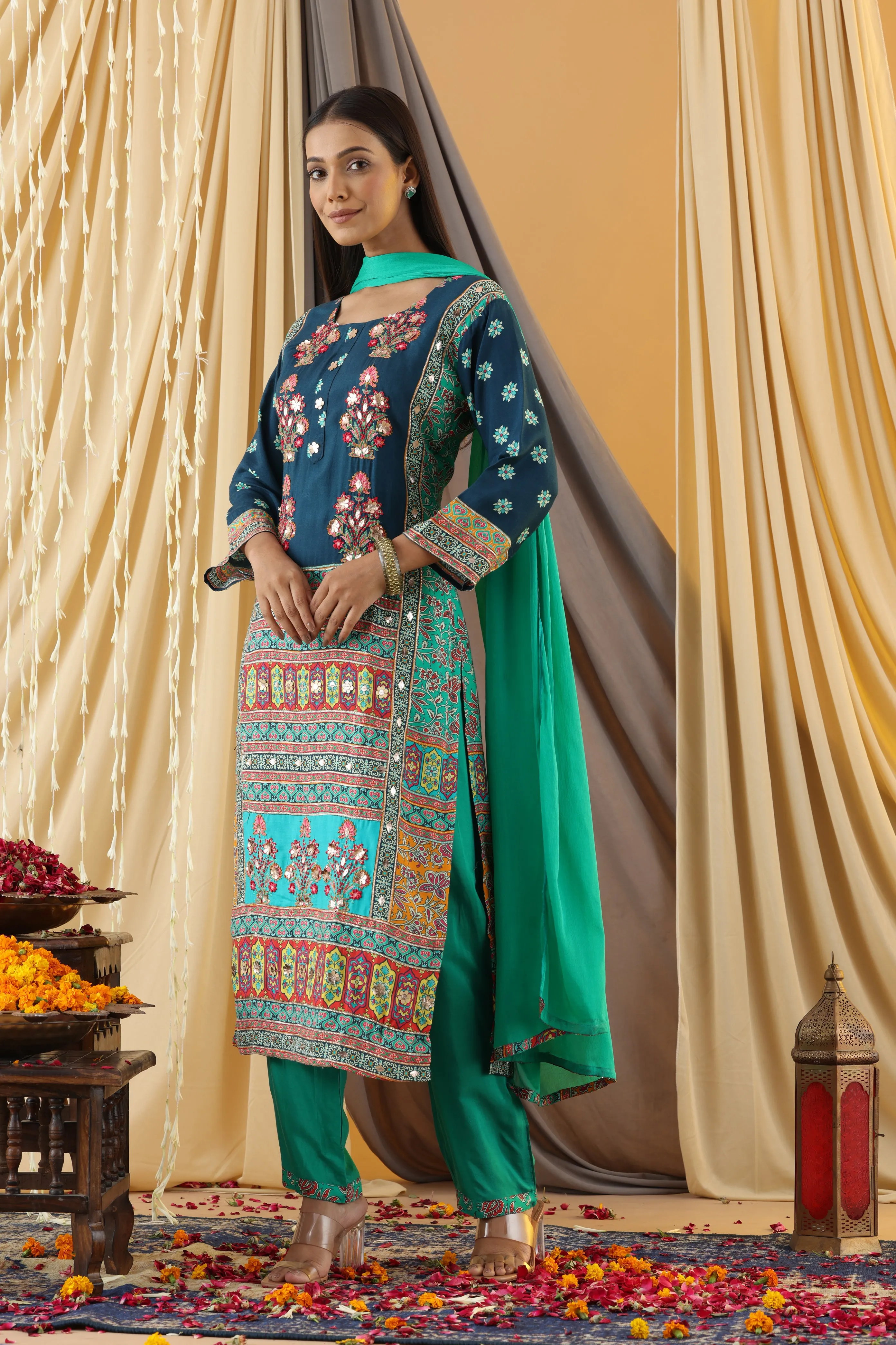 WAHIBA KARACHI Indigo FULL WORK SUIT SET