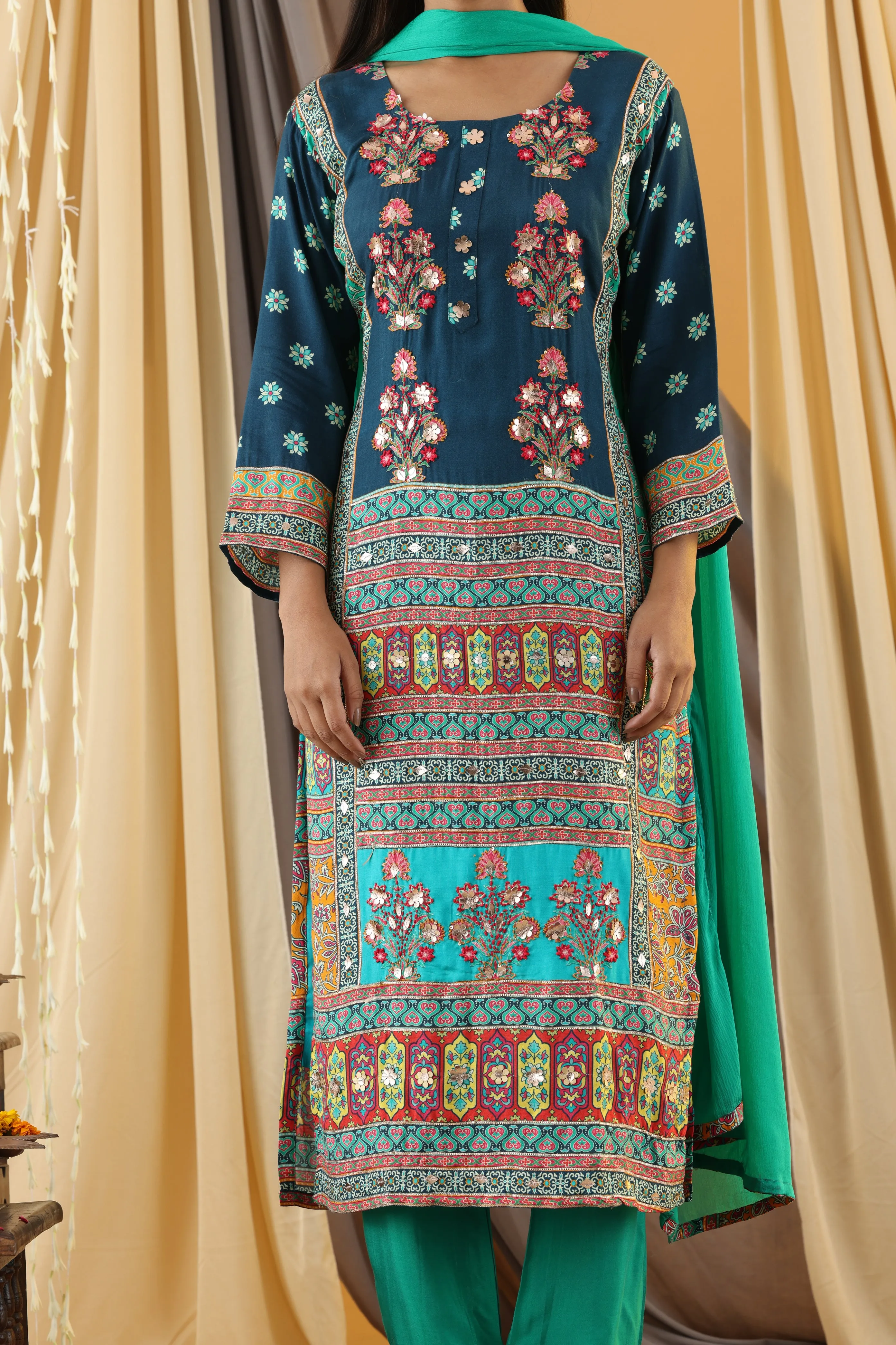 WAHIBA KARACHI Indigo FULL WORK SUIT SET