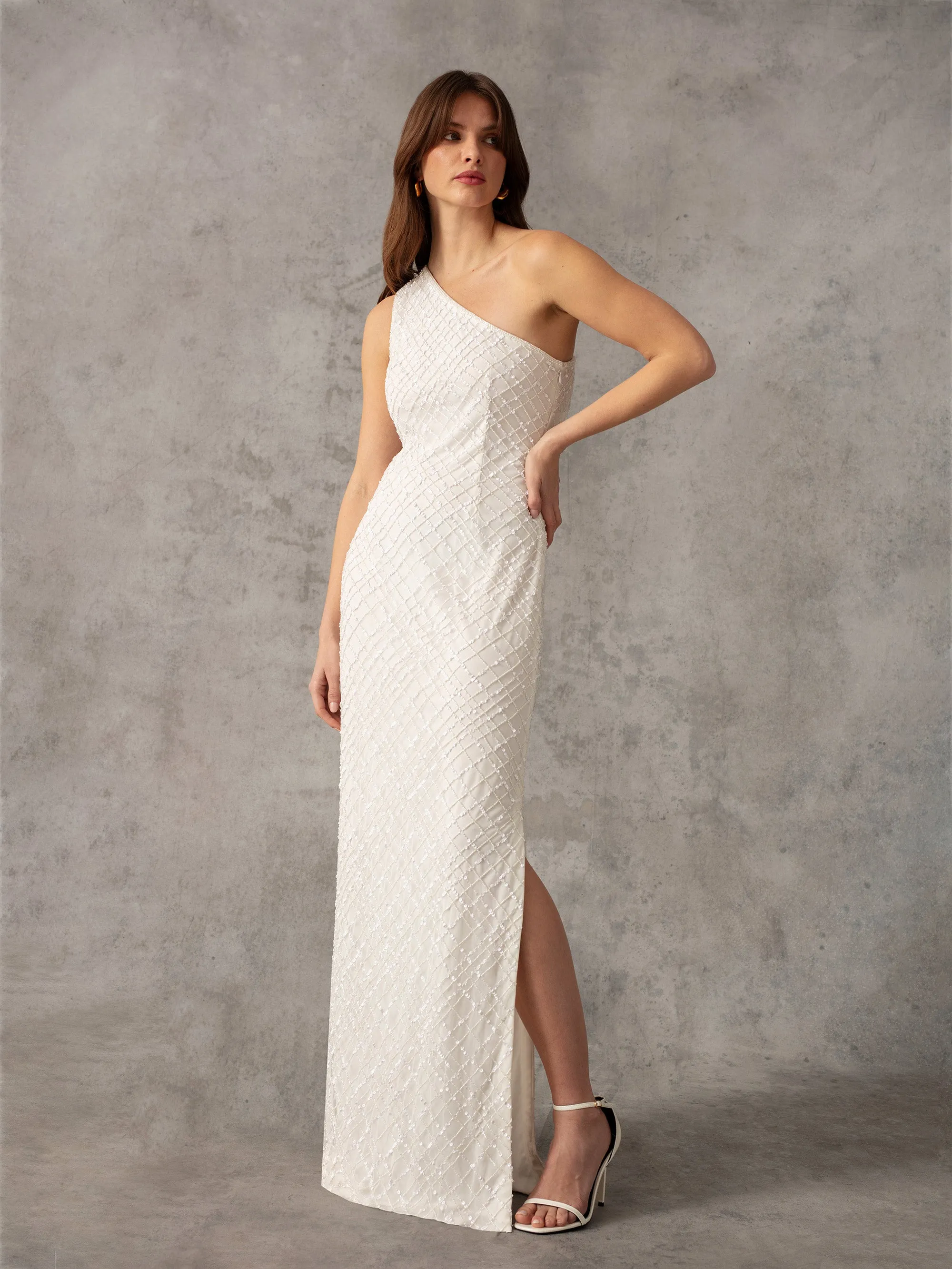 White One Shoulder Beaded Dress