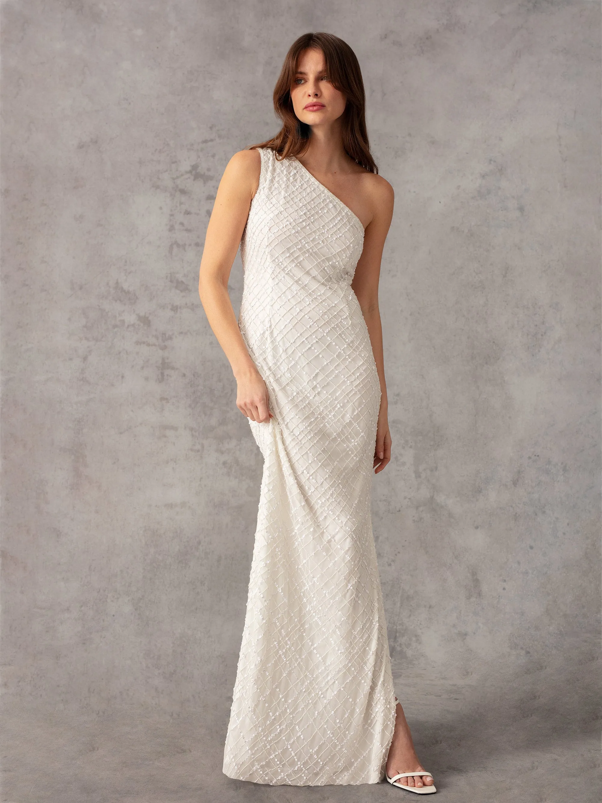 White One Shoulder Beaded Dress